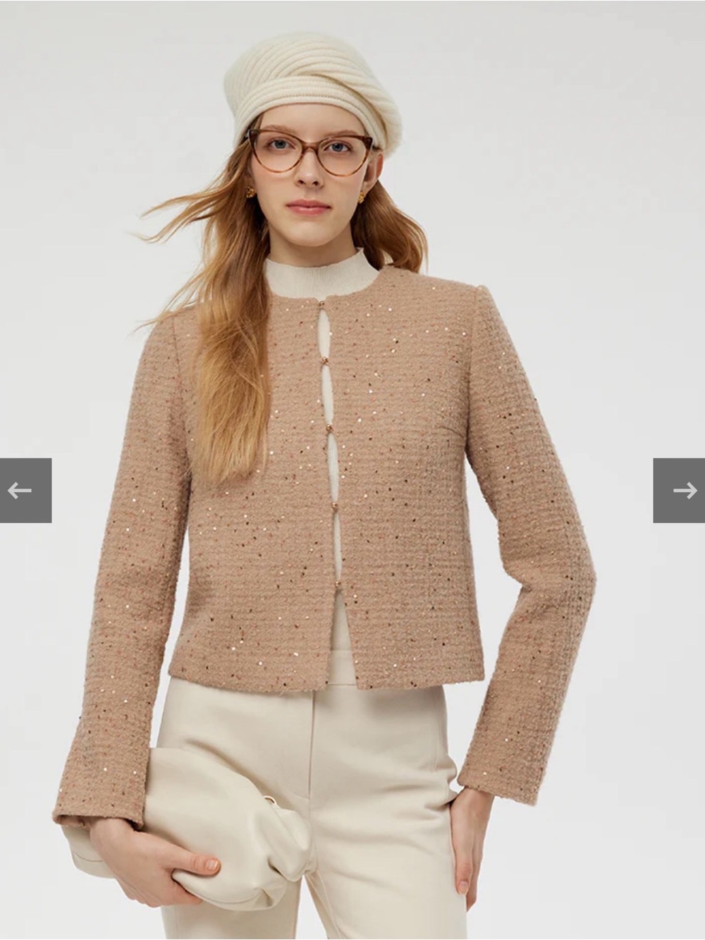 Goelia Alpaca and Wool Tweed Crop Jacket in Beige & Gold Sequin